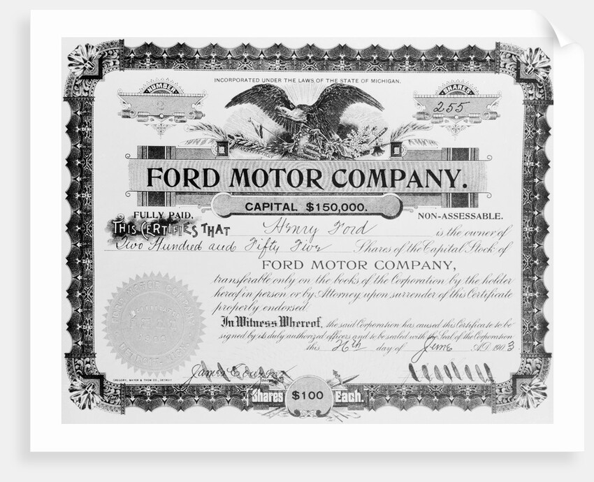 View of Stock Certificate Owned by Henry Ford by Anonymous