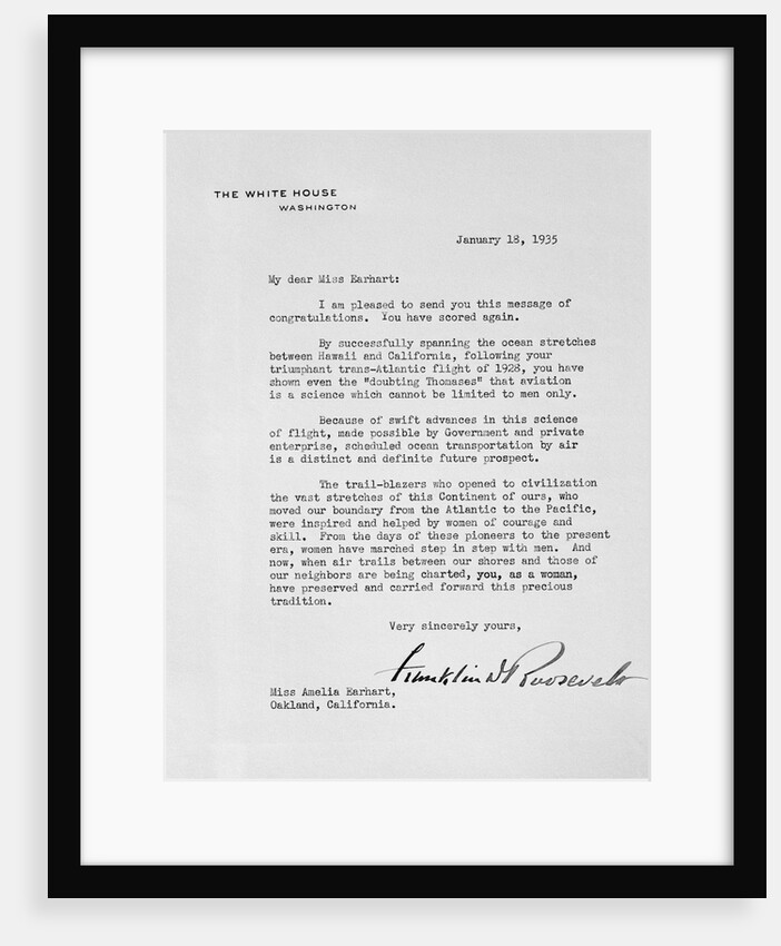 Letter from Franklin Roosevelt to Amelia Earhart by Anonymous