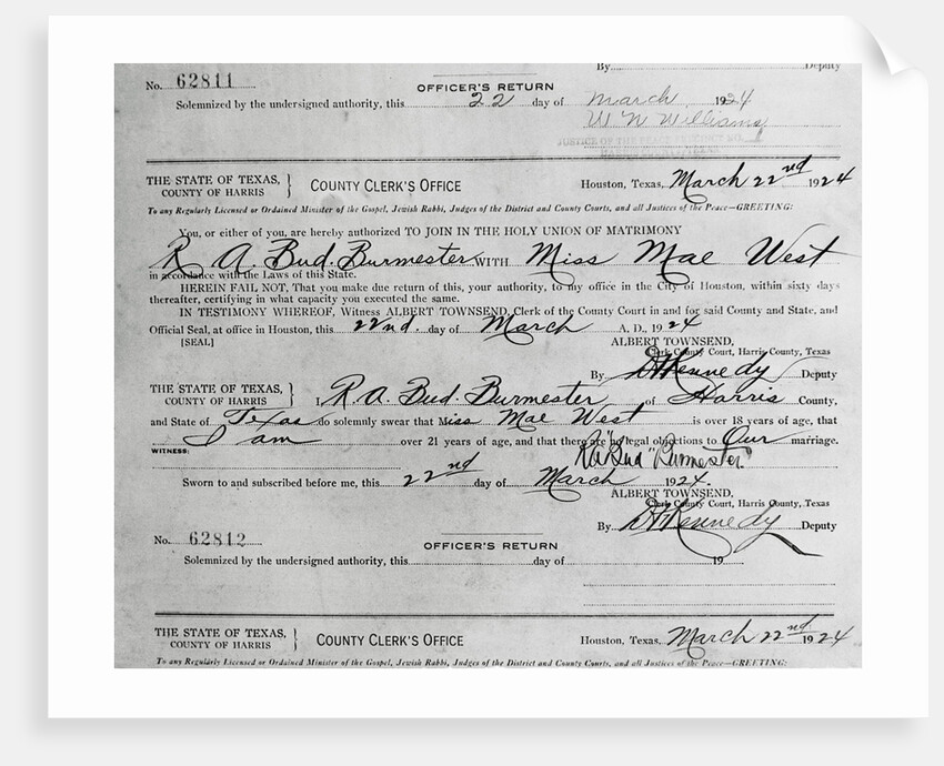 Mae West Marriage License by Anonymous