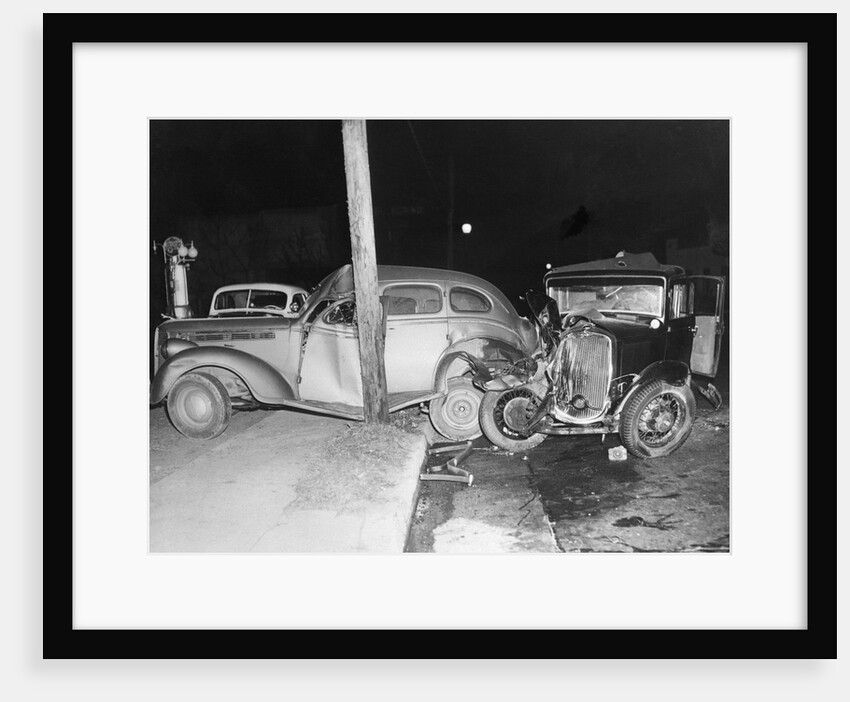 Wrecked Cars Near Electric Pole by Anonymous