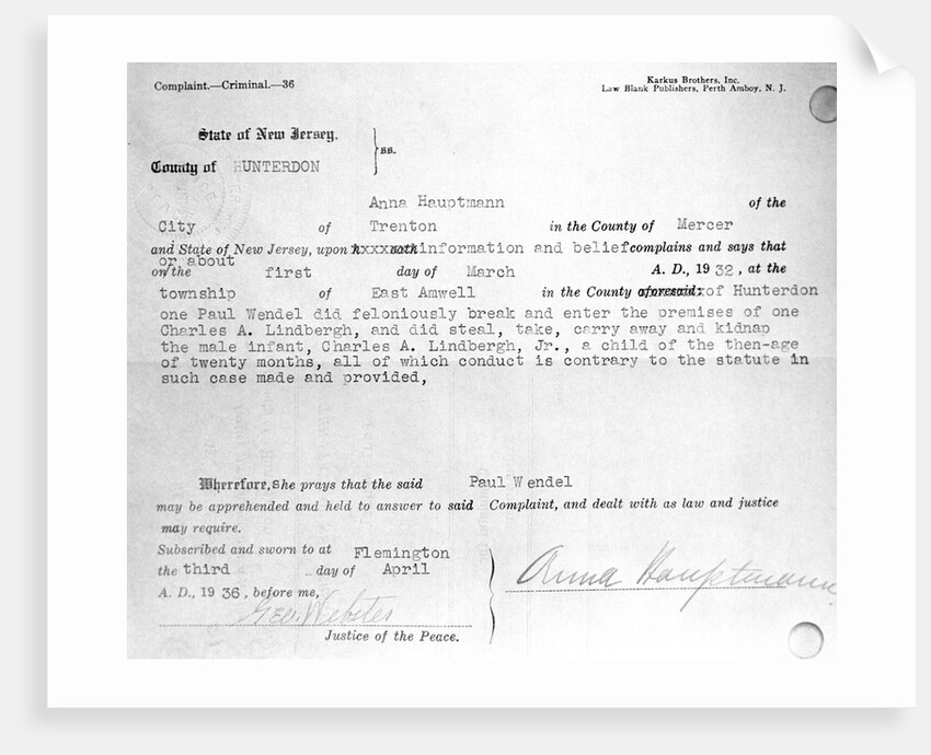 Warrant for Lindbergh Kidnapping by Anonymous