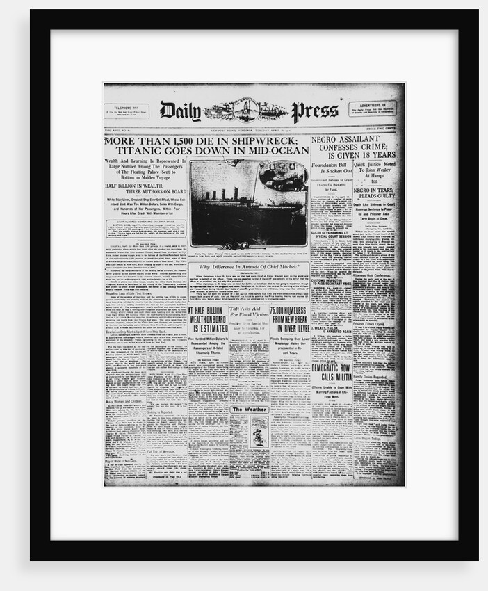 Newspaper Front Page Story on Sinking of the Titanic by Anonymous