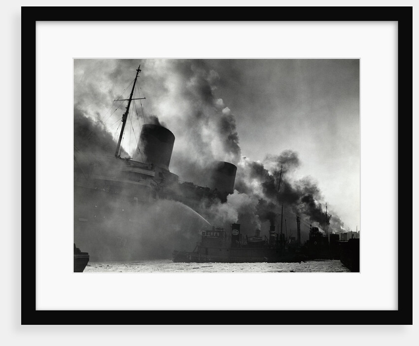 SS Normandie Burning in New York Harbor by Anonymous