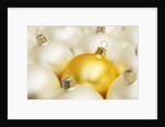 White Christmas tree decorations and a yellow one by Anonymous