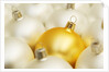 White Christmas tree decorations and a yellow one by Anonymous