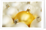White Christmas tree decorations and a yellow one by Anonymous