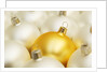 White Christmas tree decorations and a yellow one by Anonymous