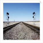 Railroad tracks running through desert setting by Anonymous