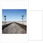 Railroad tracks running through desert setting by Anonymous