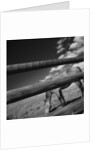 Black and white tilted view of horse grazing in meadow with wooden fence in foreground by Anonymous