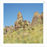 Low angle view of rock formations viewed through grass, Utah, USA by Anonymous