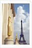 View of statues with Eiffel Tower in the background, Paris, France by Anonymous