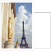 View of statues with Eiffel Tower in the background, Paris, France by Anonymous