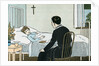 Illustration of a Priest Talking to a Sick Child by L. Kate Deal