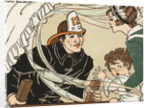 Illustration of a Fireman Rescuing a Woman and Child by Marie Schubert