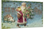 Postcard with Santa Claus Holding a Christmas Tree by Anonymous