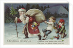 Christmas Greetings Postcard with Santa Claus and Two Children by Anonymous