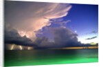 Lighting striking over green and blue water by Anonymous