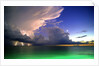 Lighting striking over green and blue water by Anonymous