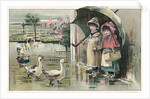 Victorian Postcard of Children Watching Ducks in the Rain by Anonymous