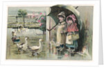 Victorian Postcard of Children Watching Ducks in the Rain by Anonymous
