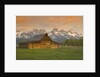 Log Barn in Meadow near Mountain Range by Corbis