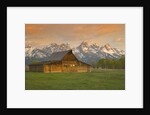 Log Barn in Meadow near Mountain Range by Anonymous