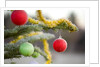 Christmas Ornaments on Tree Covered with Frost by Anonymous