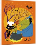 Black cat and old witch brewing a devious concoction by Anonymous