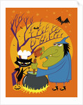 Black cat and old witch brewing a devious concoction by Anonymous
