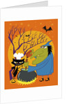 Black cat and old witch brewing a devious concoction by Anonymous
