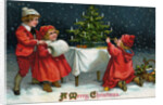 A Merry Christmas Postcard with Children Decorating Christmas Tree by Anonymous