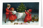 A Merry Christmas Postcard with Children Decorating Christmas Tree by Anonymous