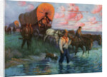 Calendar Illustration of Settlers in Covered Wagons Crossing the Plains by Frank Stick