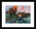 Calendar Illustration of Settlers in Covered Wagons Crossing the Plains by Frank Stick