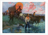 Calendar Illustration of Settlers in Covered Wagons Crossing the Plains by Frank Stick