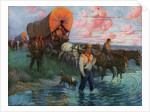 Calendar Illustration of Settlers in Covered Wagons Crossing the Plains by Frank Stick