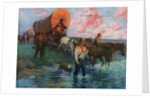 Calendar Illustration of Settlers in Covered Wagons Crossing the Plains by Frank Stick