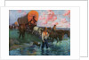 Calendar Illustration of Settlers in Covered Wagons Crossing the Plains by Frank Stick