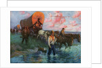Calendar Illustration of Settlers in Covered Wagons Crossing the Plains by Frank Stick
