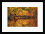 Wooden Cabin on Lake in Autumn by Anonymous