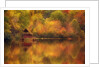 Wooden Cabin on Lake in Autumn by Anonymous