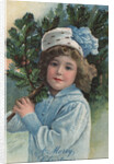 A Merry Christmas Postcard with Girl Holding Pine Bough by Anonymous