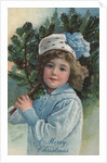 A Merry Christmas Postcard with Girl Holding Pine Bough by Anonymous