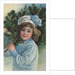 A Merry Christmas Postcard with Girl Holding Pine Bough by Anonymous