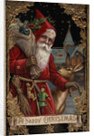 A Happy Christmas Postcard with Santa and Deer by Anonymous