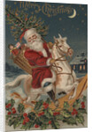 Merry Christmas Postcard with Santa on Rocking Horse by Corbis