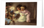 Christmas Postcard with Children Looking at Toys by Monique Martin