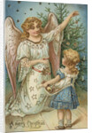 A Merry Christmas Postcard with Angel and Little Girl by Anonymous