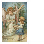 A Merry Christmas Postcard with Angel and Little Girl by Anonymous
